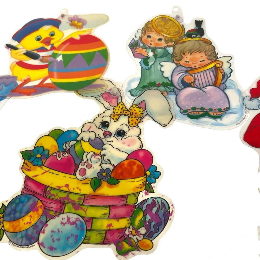 VTG Christmas Easter Plastic Window Decorations W/ Suction Cups Hanging Set Of 5